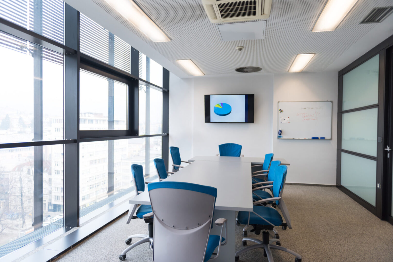 interior of new modern office meeting room with big windows