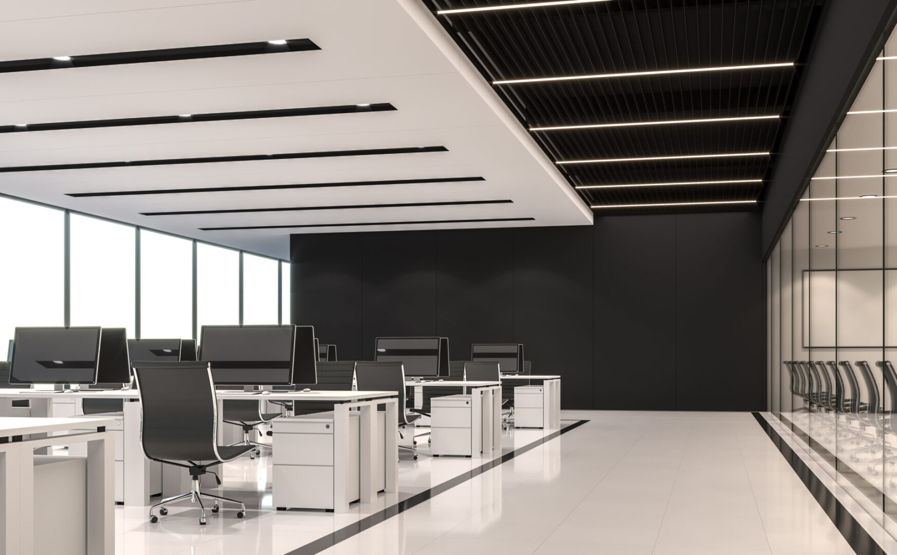 Modern black and white office 3d render,There are white floor,black steel and white paint ceiling ,There are large windows. Natural light shines through inside.