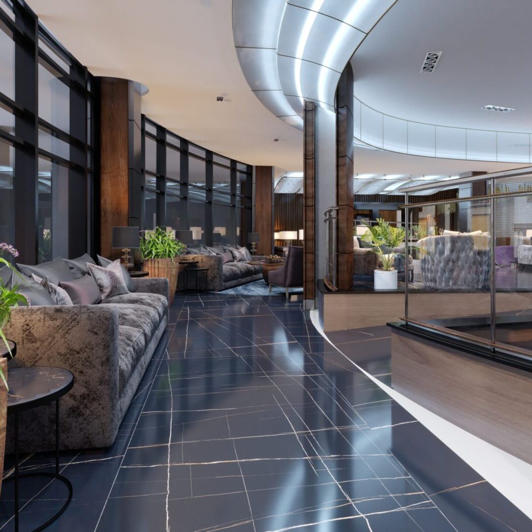 Luxury lobby entrance with lounge area in hotel. 3D Rendering